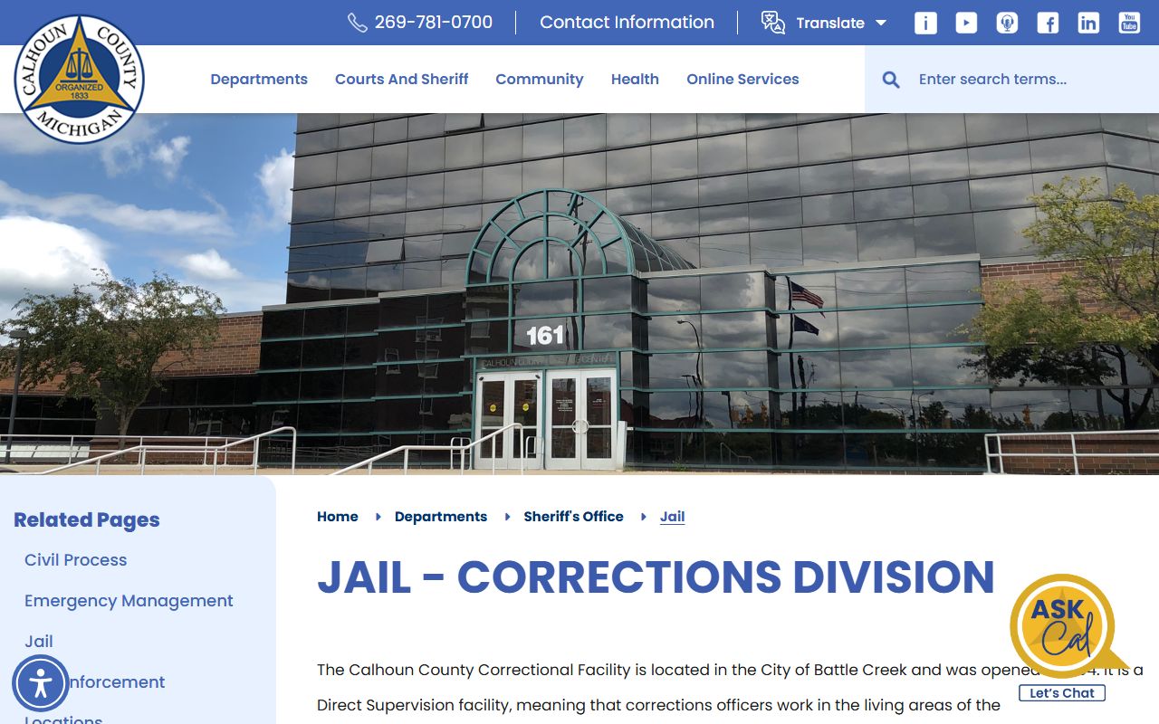 Calhoun County jail page showing correctional facility information