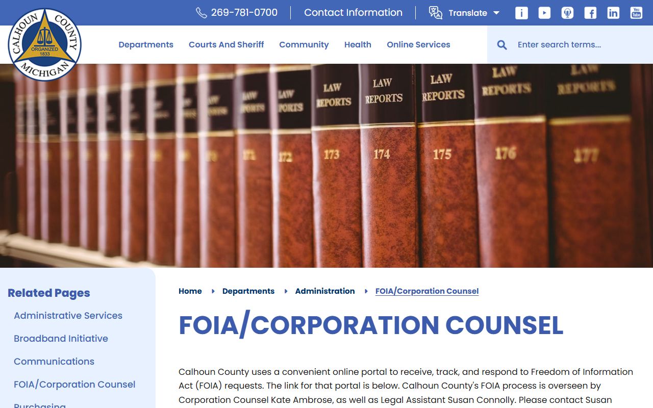 Calhoun County court records after arrest FOIA limitation page