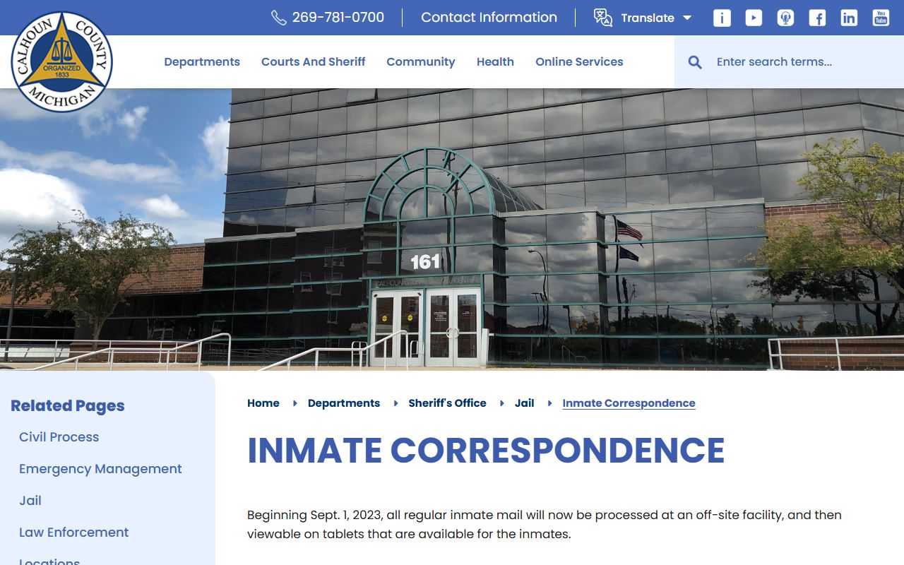 Calhoun County inmate correspondence page with mail address instructions