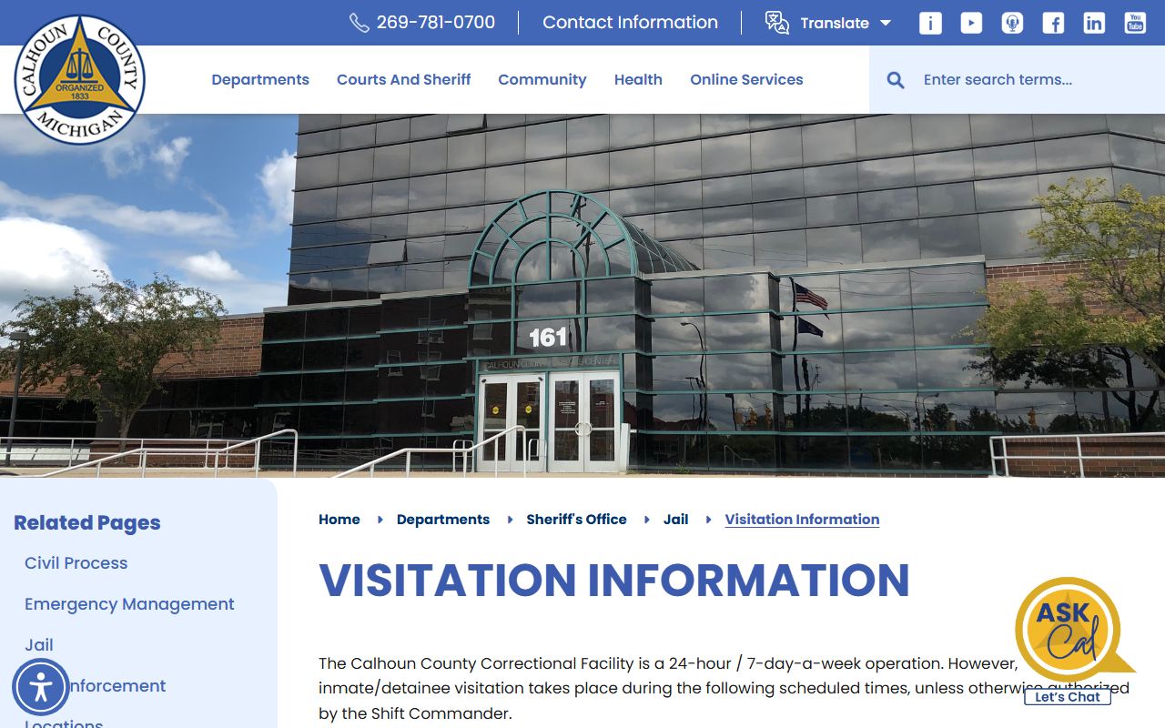 Calhoun County visitation information page with ICSolutions schedule